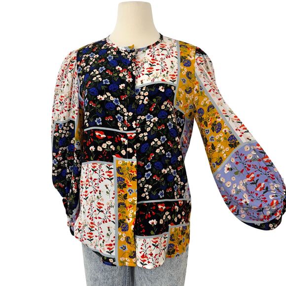 Hunter Bell Silk Finley Blouse Wildflower Patchwork Button-Down Shirt Blouse S - Picture 1 of 12